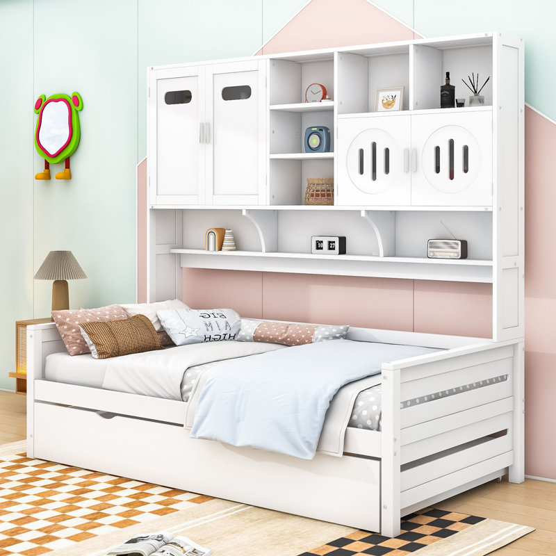 Daybed with Trundle, Shelves and All-in-One Cabinet, Twin, White
