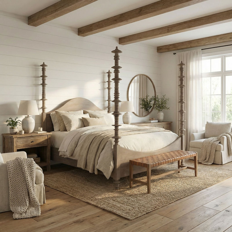 Ferret Solid Wood Four Poster Bed, Weathered, Queen