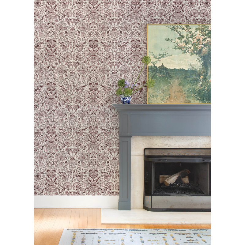 Blanche Dark Green Floral Damask Wallpaper, Purple