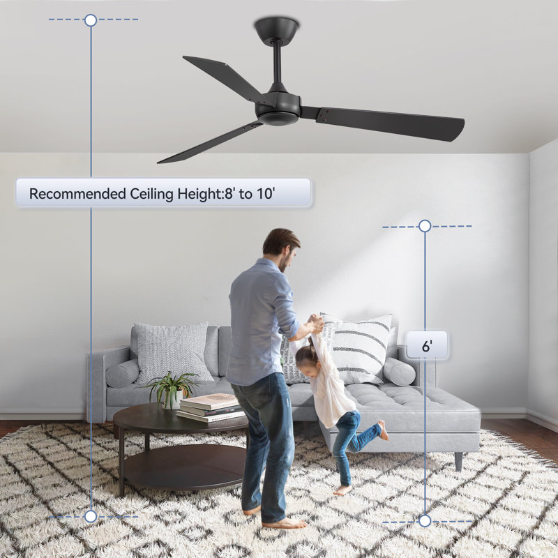 Ventilateur de plafond noir 52 po avec télécommande sans lumières, ventilateurs de plafond à 3 pales modernes pour l'intérieur et l'extérieur