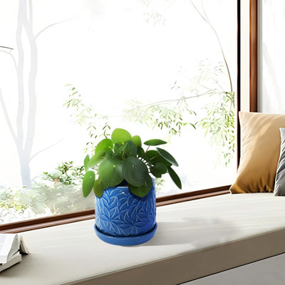 De 2 pots de fleurs modernes en céramique bleu marine de 7 po, résistants aux intempéries, idéaux pour divers environnements, pot de fleurs, drainage intégré, grand jardin et embellissement de rebord de fenêtre