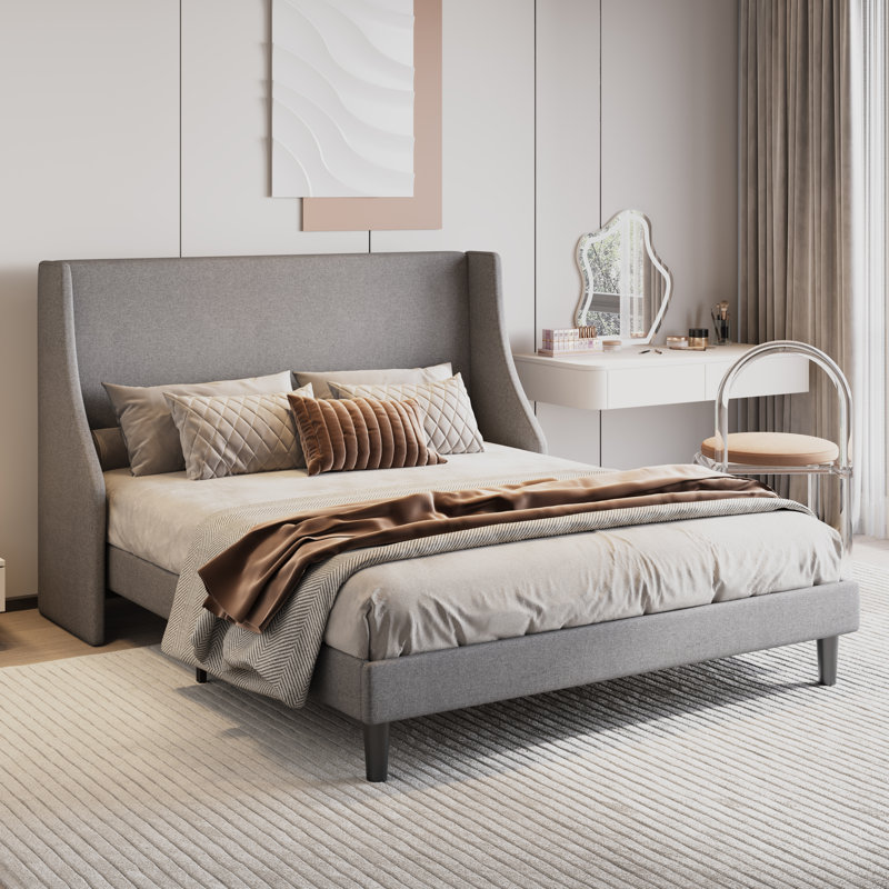 Toderick Upholstered Platform Bed with Deluxe Wingback and Linen Blend, Queen, Light Gray