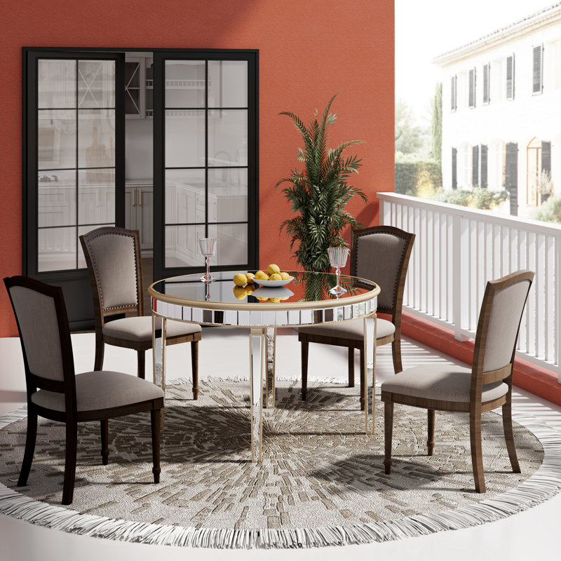 Jasmic Round Mirrored Glass Dining Table Antique Gold Frame