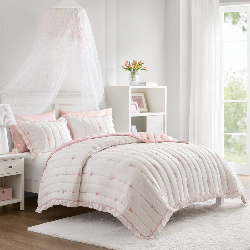 3- Piece Full/Queen Quilt Mini Set, Pink/White, Full/Queen Sheet Set with 2 Additional Pieces