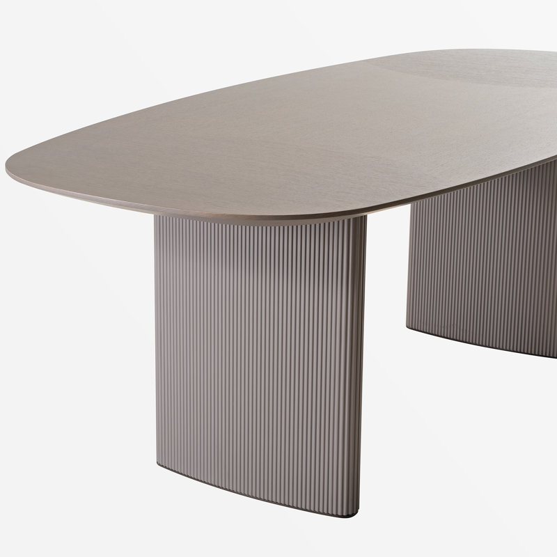 Modern 86" Gray Oval Dining Table Set With 6 Beige Fabric Side Chairs