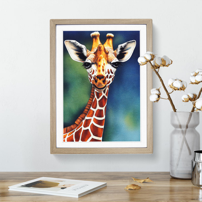 Happy Giraffe - Single Picture Frame Painting, 64cm H x 46cm W x 2cm D, Oak