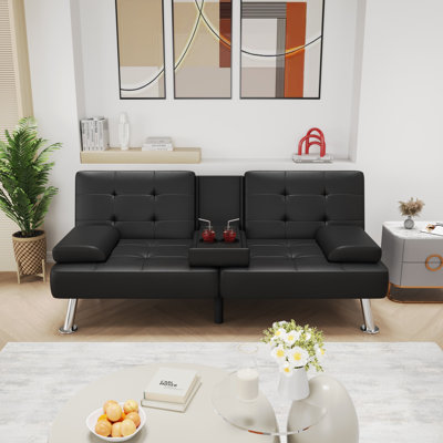 Siomarily 66'' Wide Faux Leather Convertible Upholstered Reclining Sofa with Cup Holder