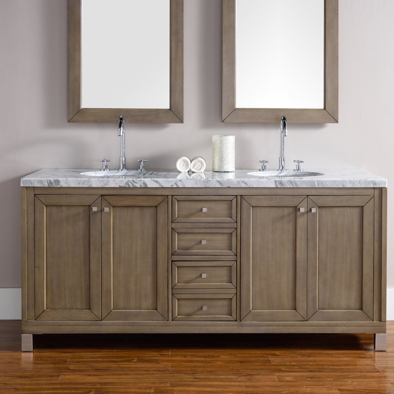 Chicago 72'' W Double Vanity, Walnut Whisper, Carrara White, 8" Widespread