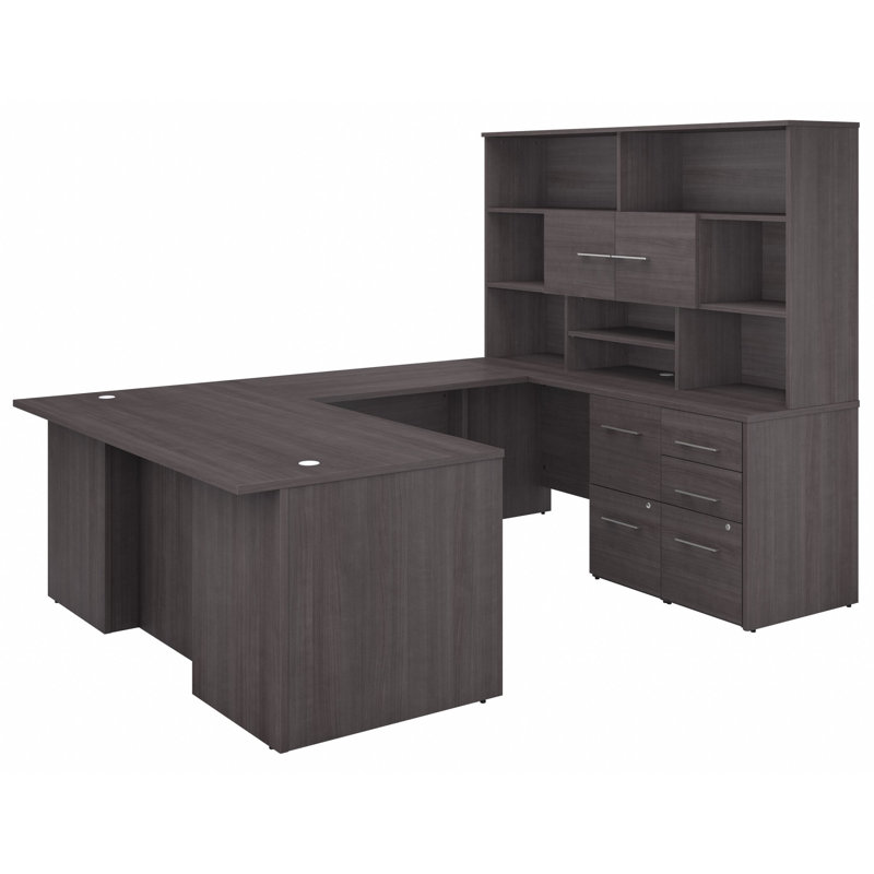 Bureau de direction en U avec huche Office 500, Gris tempête