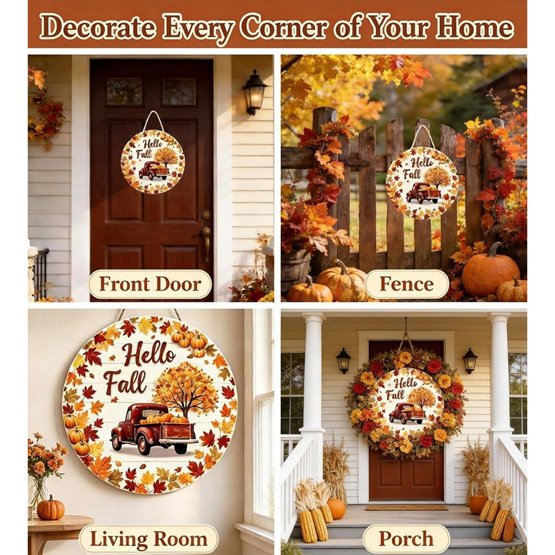 Panneau de porte en bois « Bonjour l'automne » – Décoration rustique avec citrouille et citrouille – Décoration pour porte d'entrée, style ferme et Thanksgiving