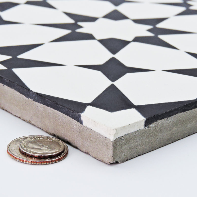 Carreau de ciment à motif pour mur et plancher de 8 po x 8 po Medina, Blanc / Noir