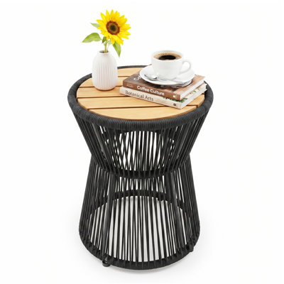 Outdoor Side Table with Wooden Top, Round Woven Rope End Table for Patio, Balcony and Poolside