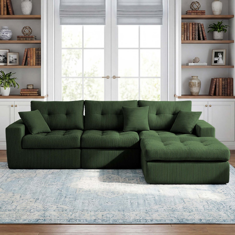 Canapé d'angle en velours côtelé Corduroy, Army Green,Dark Green Corduroy, 33.46" H x 113.39" W x 54.33" D