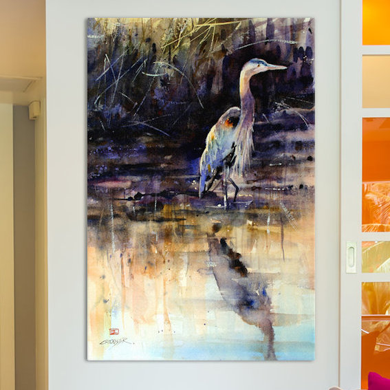 «Heron» par Dean Crouser, reproduction d'art sur toile tendue, H 12 po x l 8 po x P 0,75 po, Papier d'art encadré noir