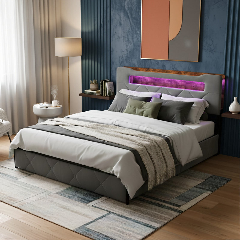 EU Double & King Velvet UPholstered Storage Bed With 4 Drawers, LED Shelf Headboard & USB-C Charging, Gre&Beige, 140/160X200cm