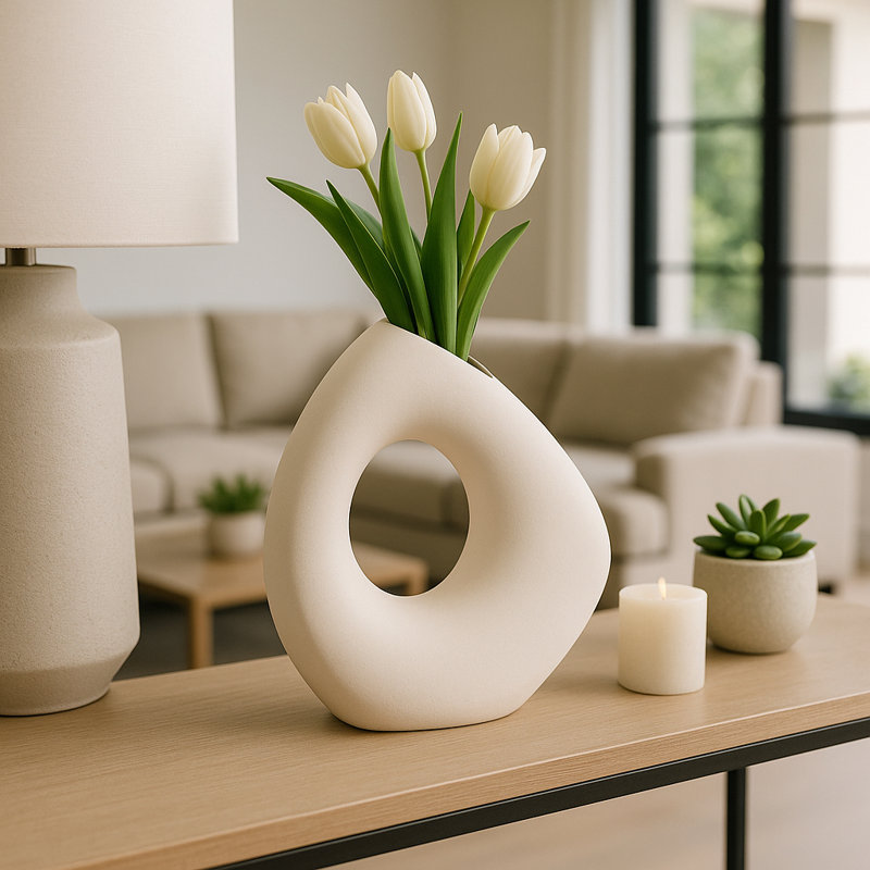 Modern Cut-Out Ceramic Table Vase for Home Decor - Decorative Flower Vase Accent for Office and Living Room Decor, White