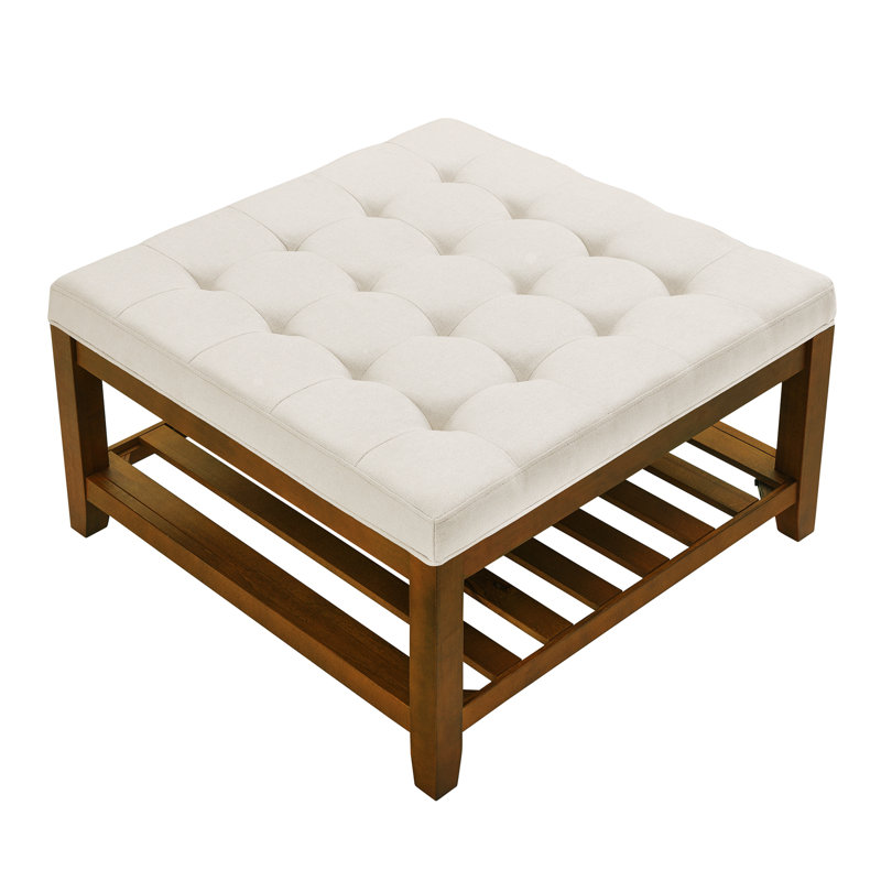 Upholstered  34.25"Square Coffee Table with Beech Wood Shelf and Frame, Ivory