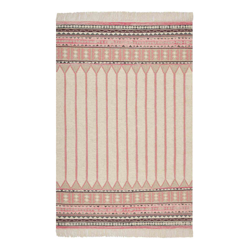 Tapis sable / kilim rose / beige / gris en laine tissée à la main, Rectangle 8 pi x 10 pi