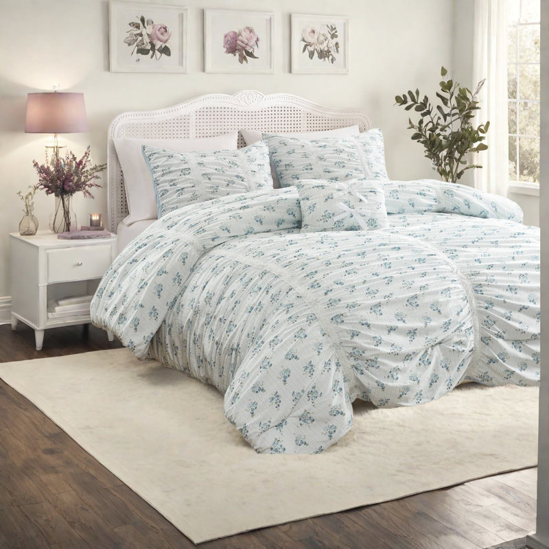 Ensembles de literie pour grand lit bleu, édredon floral en microfibre douce pour la maison