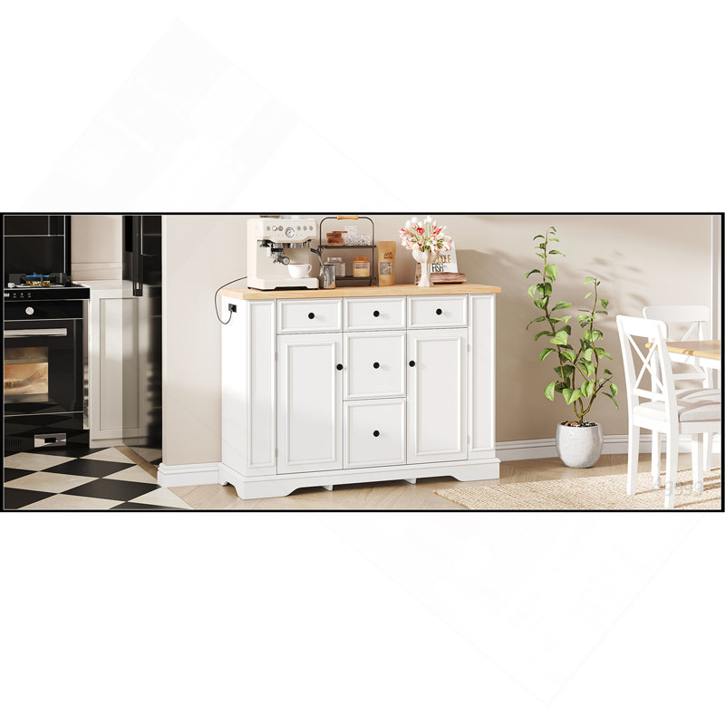 Buffet avec rangement, console de cuisine avec 5 tiroirs, 2 armoires, tablettes réglables, buffet pour la salle à manger, le salon et le vestibule (blanc)