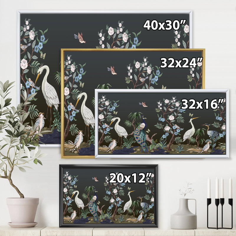 Chinoiserie avec oiseaux et pivoines IV - peinture sur toile, H 30 po x l 40 po x 1,5 po, Cadre flottant noir