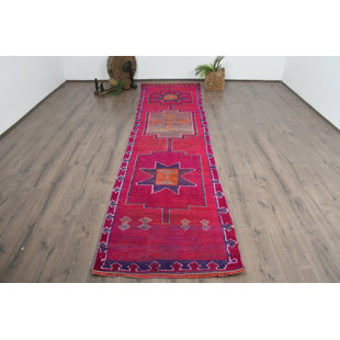 35.4x144.9 Inch Red Runner, Geometric Vintage Rug
