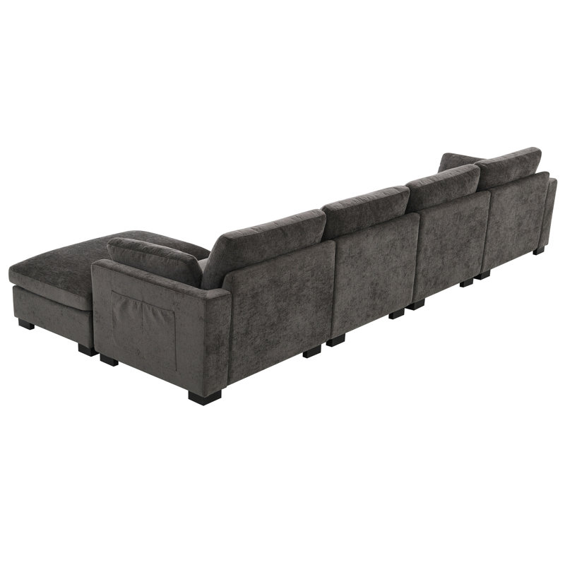 5 Modular Sectional 130", L-Shape, With High Density Foam, Side Storage, Folding Table, Dual Charging, Movement , 2 Armrest Pillows, Chenille, Colours 5 Seat, Storage Pockets,