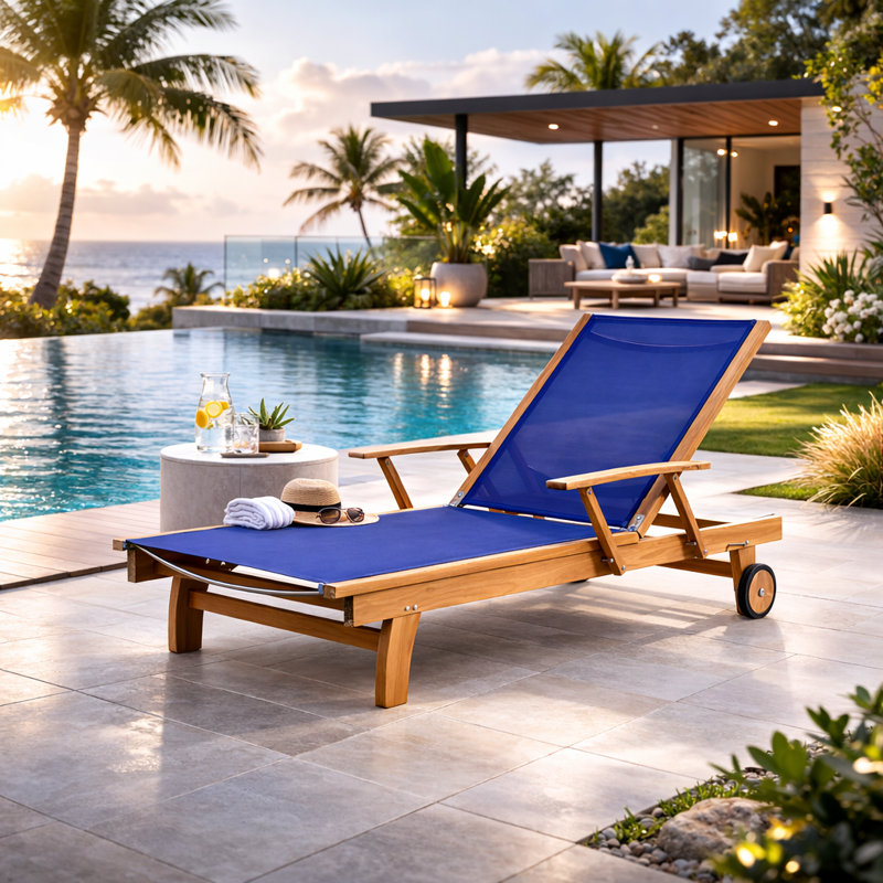 Maximilian Outdoor Teak Wood Chaise Lounge, Blue