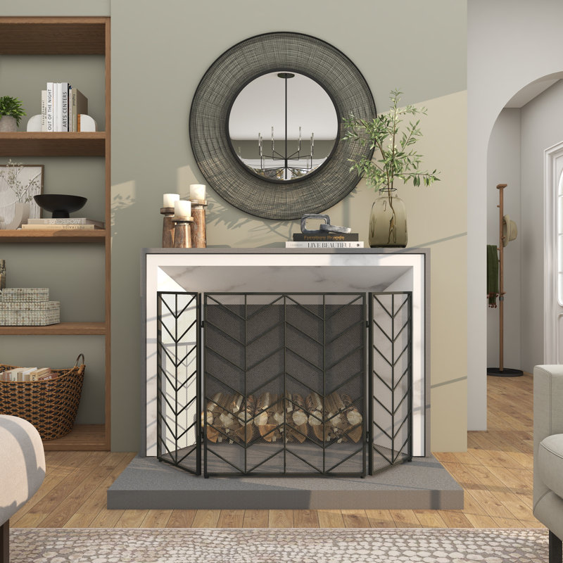 Venturi Metal Foldable Mesh Netting 3 Panel Geometric Fireplace Screen with Chevron Pattern, Black