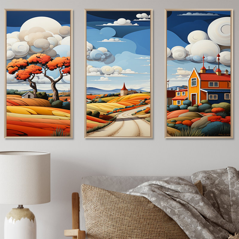 Ensemble de décorations murales De Stijl Style County Side II - Campagne, Cadre naturel flottant, H 40 po x l 60 po x P 1 po