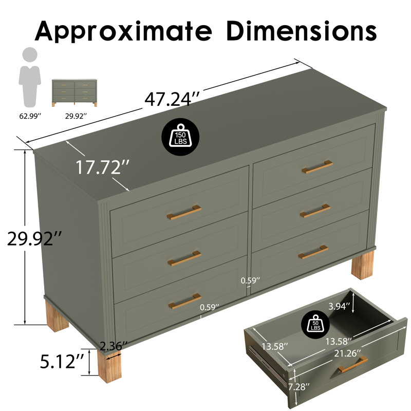 Commode double 6 tiroirs, armoire de chambre à coucher moderne avec pieds en bois massif et poignées en métal, vert olive
