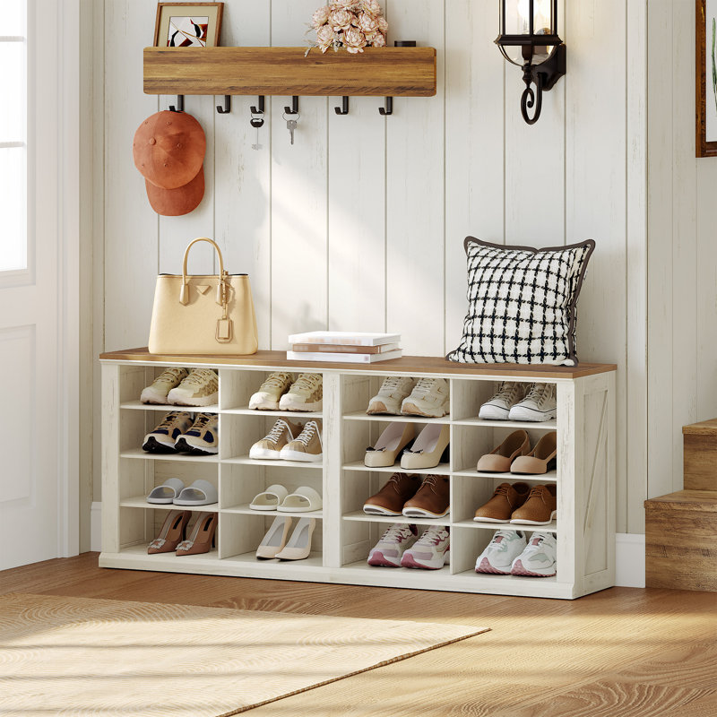 Shoe Bench, Storage Bench Rack with 16 Compartments,Adjustable Shelves, Shoe Cabinet Storage for Hallway, Living Room, Bedroom, 28.7 x 104 x 58 cm, White and Brown 
