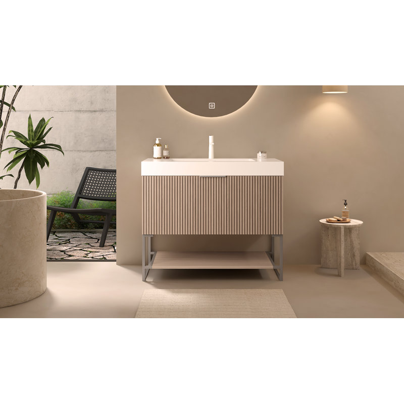 Meuble-lavabo 36 po avec lavabo, armoire de rangement autoportante en contreplaqué rayé avec tiroir et tablette ouverte