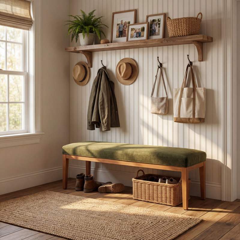 Banc de vestibule moderne avec coussin en tissu, siège de couloir de 53 po pour chaussures, pieds en bois, revêtement vert