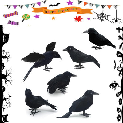 6pcs Halloween Crows Artificial Feathered Crows Realistic Raven Birds Decorations Animal Ornament Spooky Black Feather Crow for Halloween Party Prop Indoor Outdoor Home Garden Decoration Model