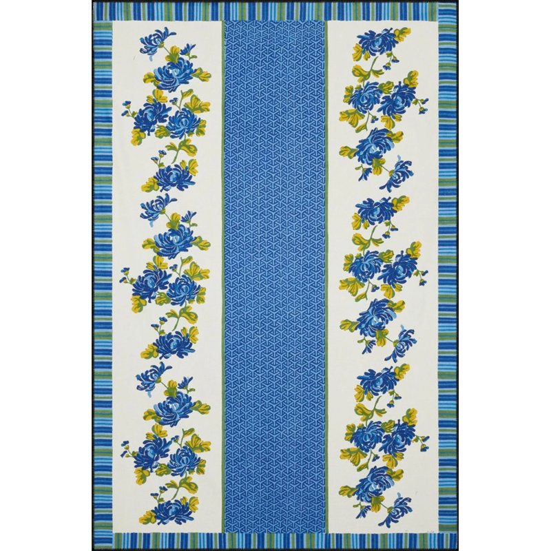 Blue Colored Floral Patterned Modern Geometric Woven Floor Carpet, Round 4'