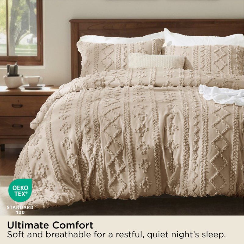 Bedsure Tufted Boho King Comforter Set – 3-Piece Khaki Shabby Bedding，Farmhouse Jacquard Bed Set with Embroidery, All-Season Softness for Cozy Bedrooms & Boho-Chic Gifts