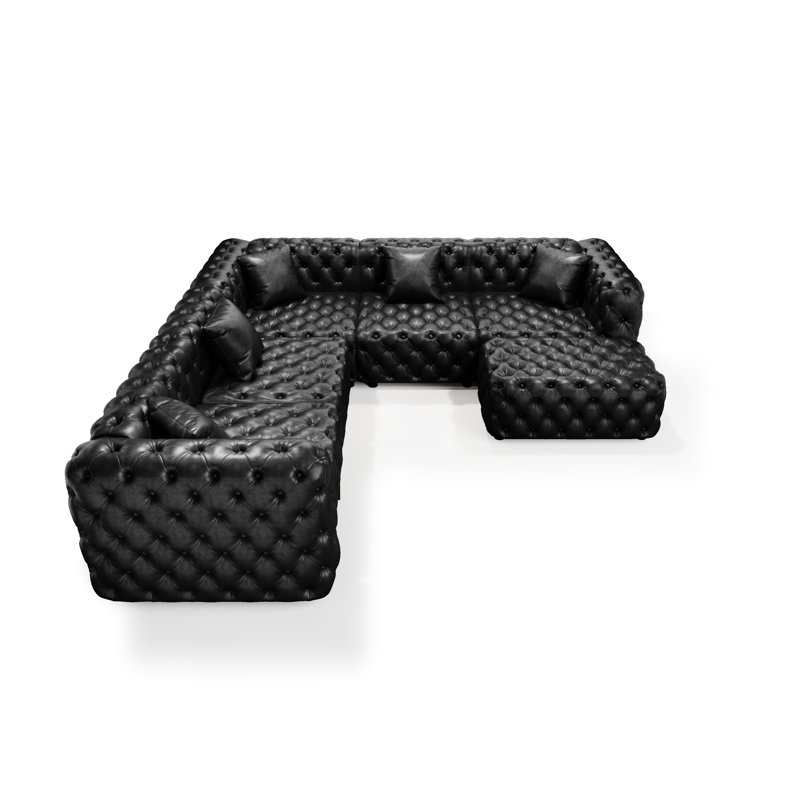 Ensemble de canapé modulaire en similicuir avec repose-pieds 132,5 po Chesterfield, 5-Seater+Ottoman, Black