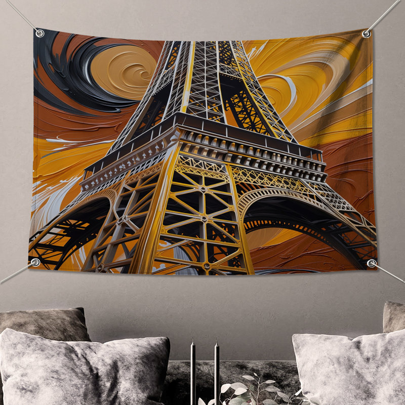 Tapisserie murale Tour Eiffel - Décoration murale architecture, H 68 po x l 80 po avec 4 œillets