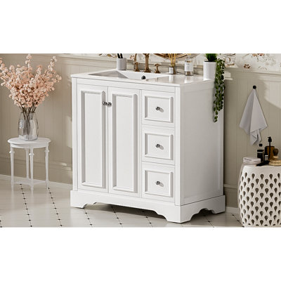 36-Inch Bathroom Vanity With Ceramic Sink, Ample Storage, And Soft-Close Function 36'' Transitional Solid Wood Frame, Painted Finish, Storage