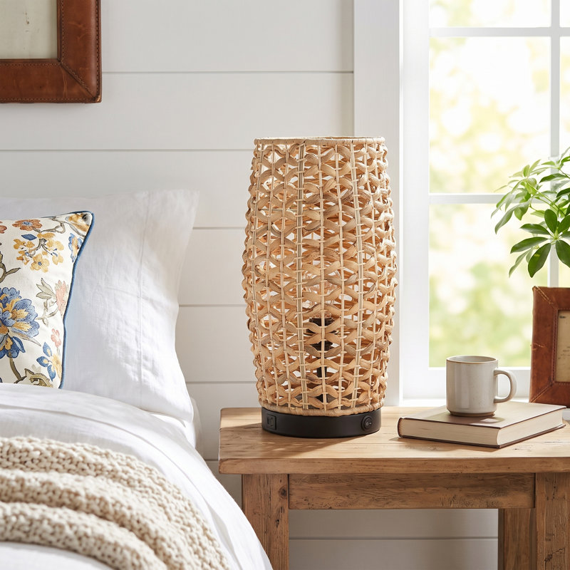 Lampe de table en rotin naturel tissé 9,45 po avec base noire