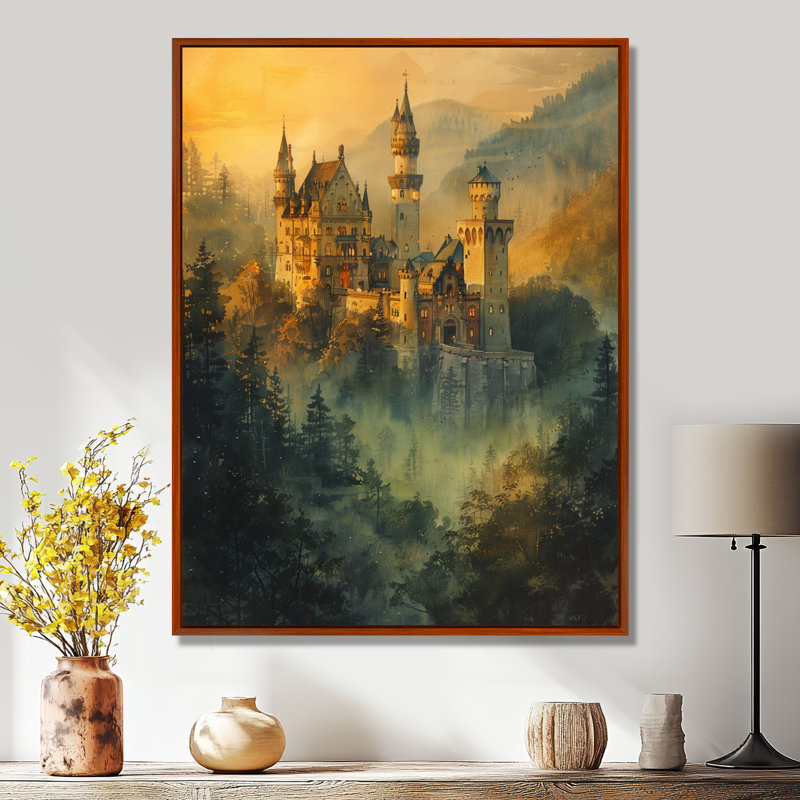 Art rétro, château de conte de fées dans le brouillard - châteaux, Toile avec cadre flottant brun, H 32 po x l 24 po x P 1 po