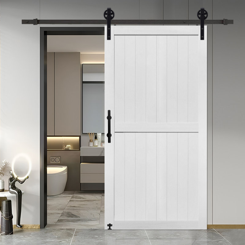 Porte de grange en panneau de fibres à densité moyenne facile à assembler - Dalle solide recouverte d'une surface en PVC imperméable avec trousse de quincaillerie