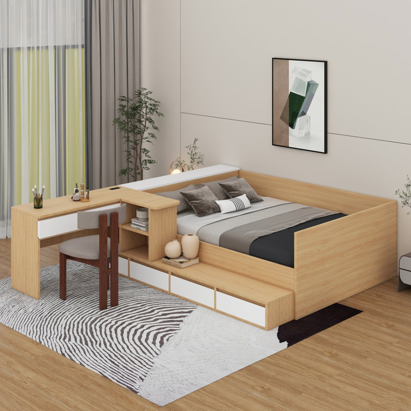 Lit plateforme double en bois avec tiroirs, tablettes et coiffeuse, Naturel