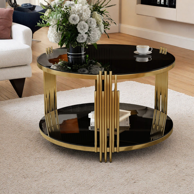 Table basse ronde moderne avec rangement inférieur, Black/Gold