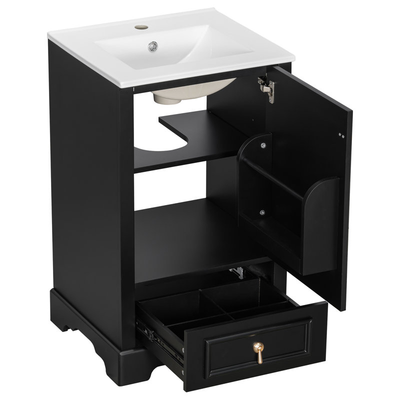 Meuble-lavabo compact noir pour petites salles de bain, robinet à un trou, tablette en U réglable