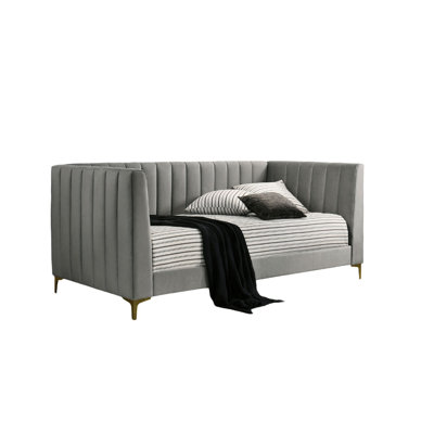 Contemporary Style Tuxedo Inspired Seating Daybed Attached Gold Metal Legs Channel Tufting Light Gray Finish