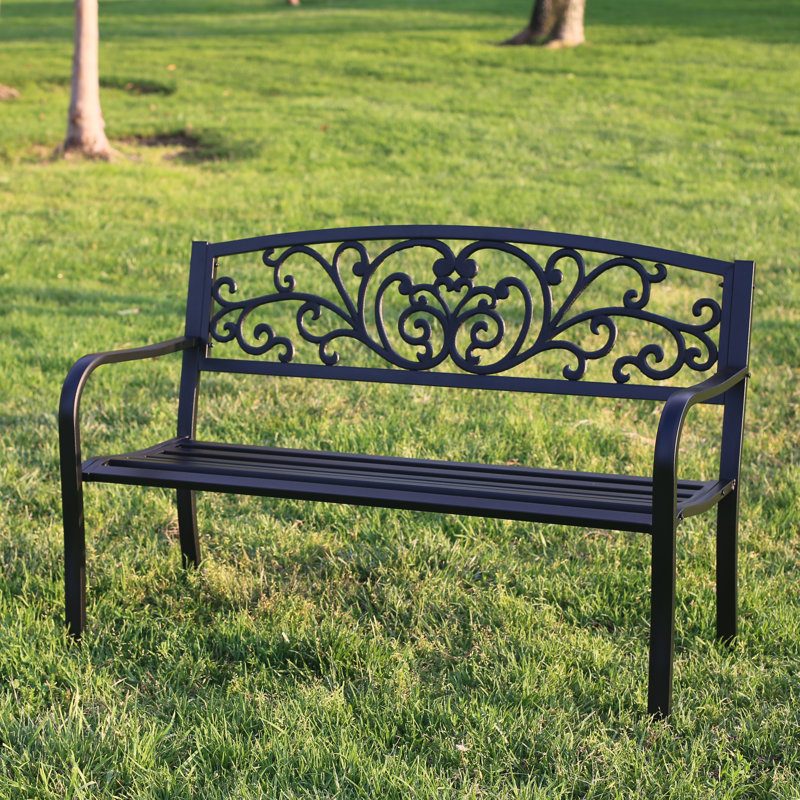 Black Metal Outdoor Garden Bench with Ornate Backrest