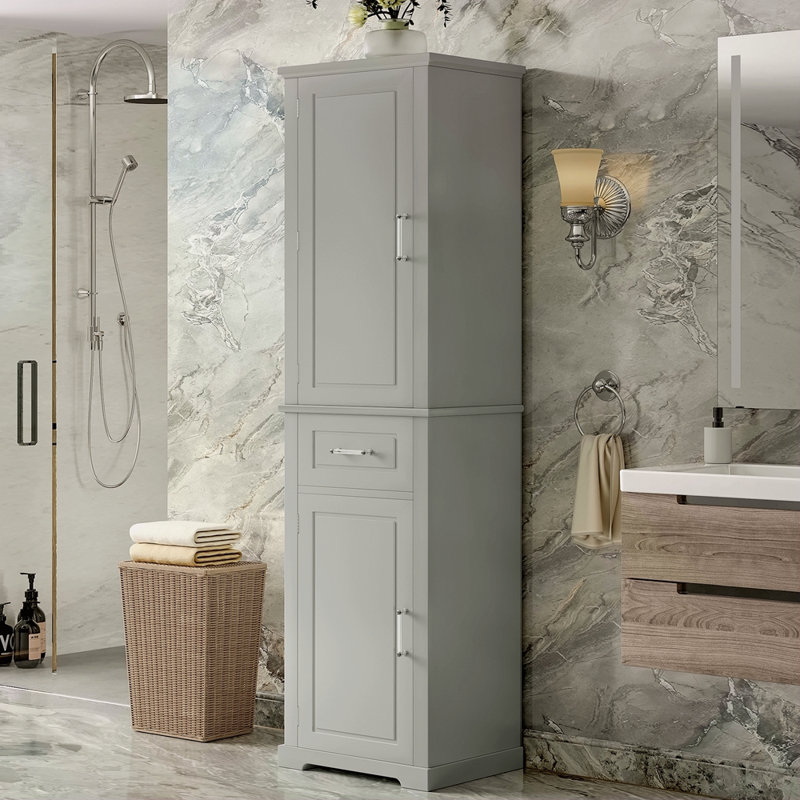 Grande armoire de rangement pour salle de bain, armoire de rangement autoportante avec deux portes de taille différente et tablette réglable, conception à étagère de porte, panneau de fibres à densité moyenne avec finition peinte