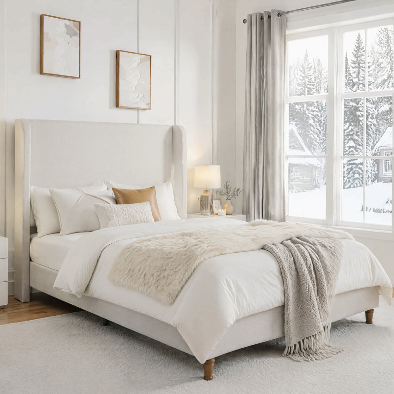 Lit plateforme tapissier avec tête de lit haute, conceptions minimalistes en chenille de qualité supérieure, lit plateforme simple de style rétro sans sommier, assemblage facile